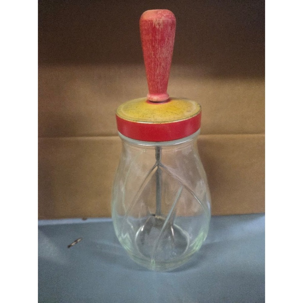 Vintage Federal Glass 1950's Ice Chopper Red Wood Handle Glass Jar